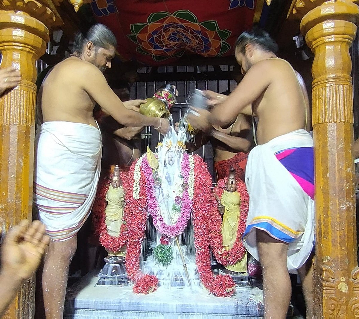 வைகாசி விசாகத்தை ஒட்டி சண்முகர்,வள்ளி, தெய்வானைக்கு நடைபெற்ற பாலாபிஷேகம்.